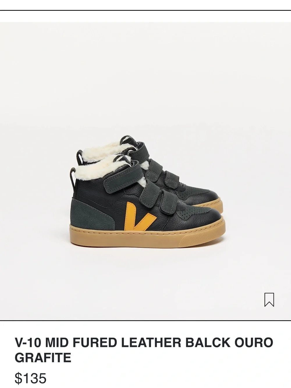 Veja Kids V-10 Mid Fur Leather Sneakers in Black and Yellow size 24